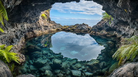 Beautiful view from the cave at the beach with crystal clear waterの写真素材