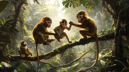 Monkey family sitting on a branch in the jungle. 3d renderingの写真素材