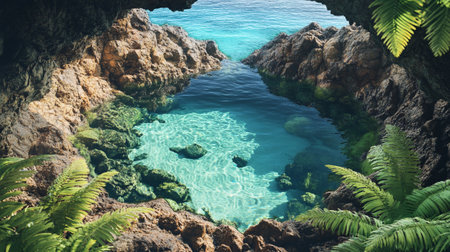 Beautiful view of the turquoise sea from the cave.の写真素材