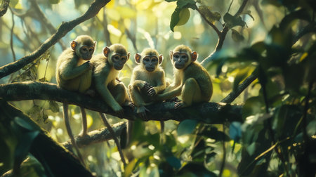 Monkey family on the tree in the forest. Monkeys in nature.の素材