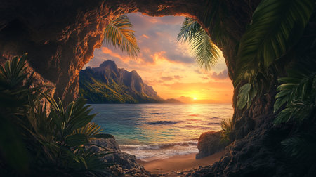 Sunset in the cave. 3d rendering. Computer digital drawing.の素材