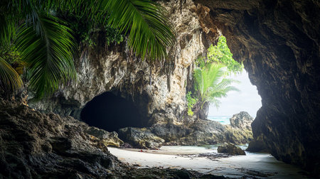 Tropical beach with coconut palm tree and rock in the caveの写真素材