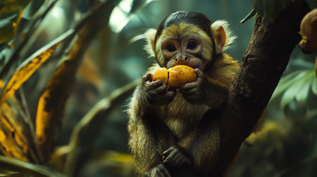 Cute little monkey eating an orange on a tree in the jungleの写真素材