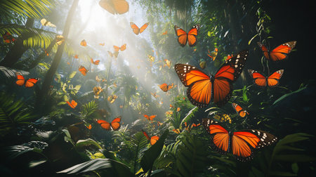 Butterflies flying in the tropical forest. Beautiful nature background.の写真素材