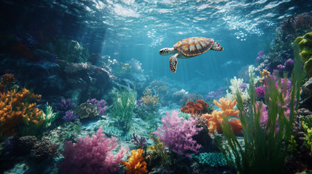 Green sea turtle swimming underwater with corals and tropical fish in backgroundの写真素材