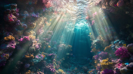 Underwater view of coral reef with sunbeams and lens flareの写真素材