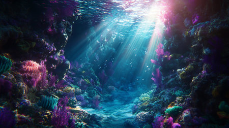 Underwater view of coral reef with sunbeams and lens flareの写真素材