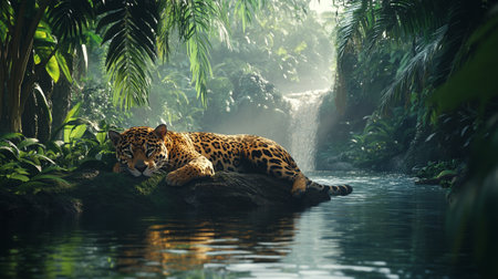 Jaguar lying on the rock in a tropical rainforest.の素材