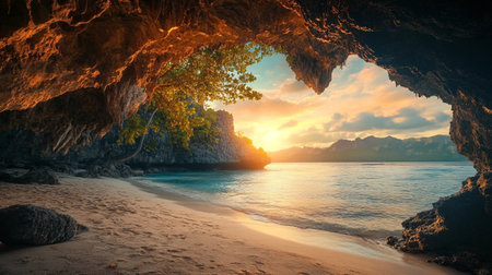 Tropical beach at sunset.の写真素材