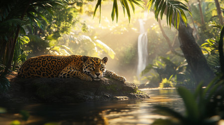 Jaguar resting on a rock in a tropical rainforest.の写真素材