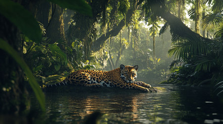 Jaguar lying on the water in the jungle. Panthera oncaの写真素材