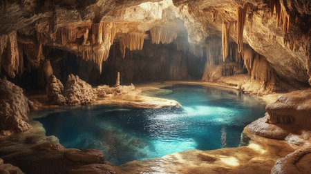 Cave with blue water and stalactites. 3d renderingの写真素材