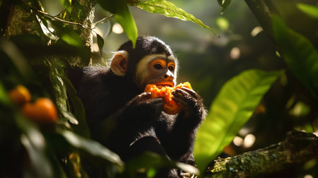 Chimpanzee monkey eating an orange fruit in the rainforestの写真素材