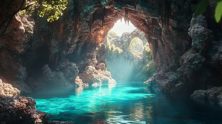 Scenic view of beautiful turquoise sea in the cave.の写真素材