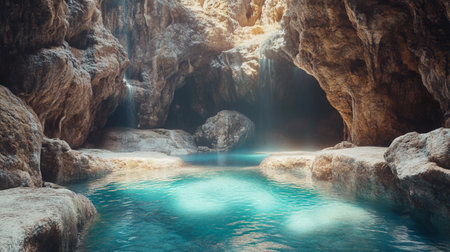 Cave and turquoise water. 3D Rendering.の写真素材