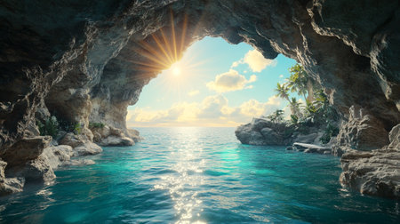 Beautiful seascape with a cave. 3d rendering.の写真素材