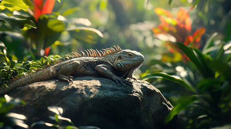 Green iguana on a rock in the tropical garden. Close up.の写真素材