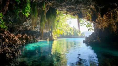 Cave in the tropical forest with turquoise water, Krabi, Thailandの写真素材