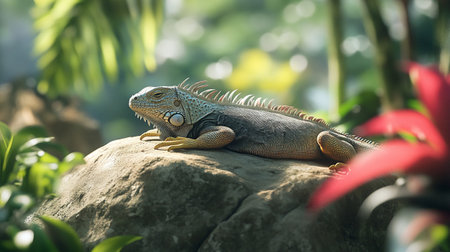 Iguana sitting on a rock in the garden, stock photoの写真素材