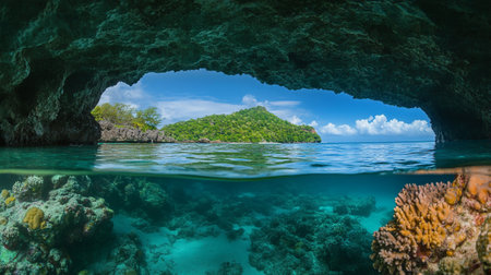 Underwater view of a cave in the caribbean sea.の素材