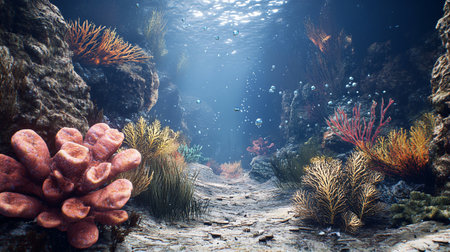 Underwater scene with corals and fish. 3d render.の写真素材