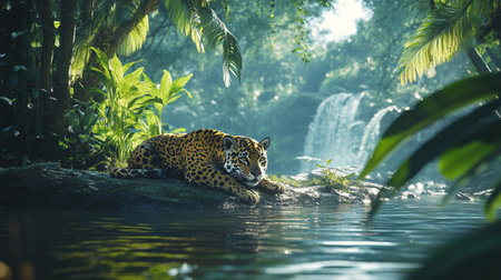 Jaguar lying on the rock in the jungle. Nature backgroundの写真素材