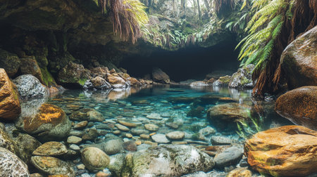 Cave with clear water and stones in tropical rainforest, Costa Ricaの写真素材