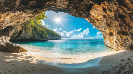 Panorama of beautiful beach with turquoise water and white sandの写真素材