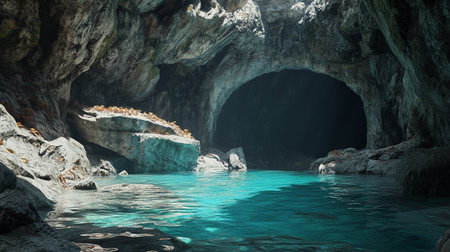 Underwater cave with turquoise water. 3D illustration.の写真素材