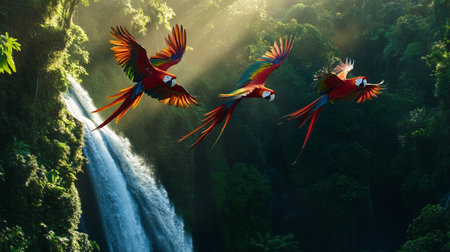 beautiful Scarlet macaws flying in the tropical forest near the waterfallの写真素材