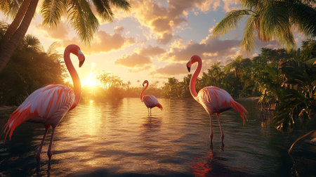 Flamingo in the pond at sunset. 3D Renderingの写真素材