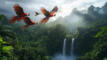 beautiful macaws flying in the jungle with a waterfall in the backgroundの写真素材