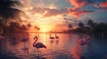 Flamingo in the lagoon at sunrise. 3d renderingの写真素材