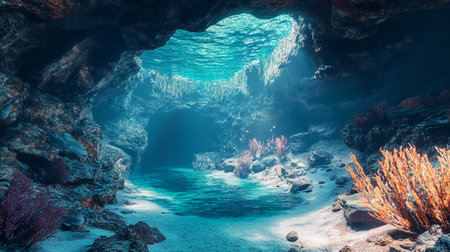Underwater view of the underwater cave with corals and fish.の写真素材
