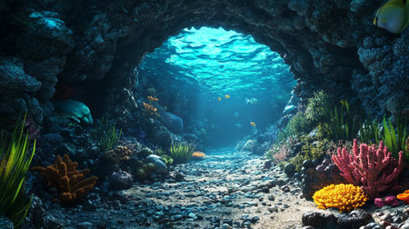 Underwater scene at the entrance of a cave, soft focus background.の写真素材