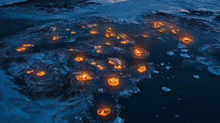 Frozen lake with melting ice and glowing orange candles. 3d renderingの写真素材