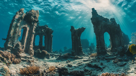 Underwater view of the ruins of an ancient shipwreck on a tropical coral reefの写真素材