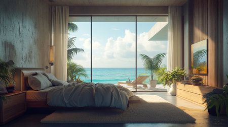 3d rendering of modern bedroom and sea view from the window.の写真素材