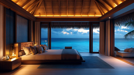 Luxury bedroom with sea view. 3D Rendering.の写真素材