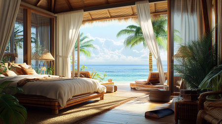 Luxury hotel room on tropical beach. 3D rendering.の写真素材
