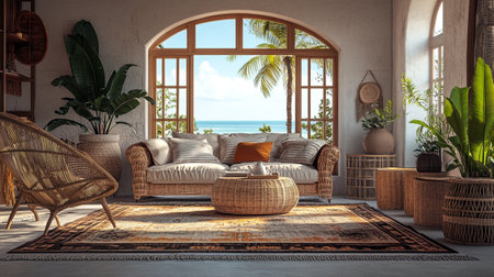 Interior of modern living room with tropical sea view. 3D renderingの写真素材