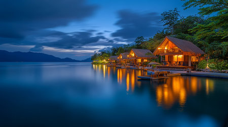 Tropical villas on the lake at night, Thailand.の素材