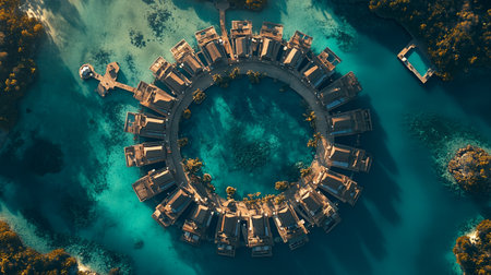 Aerial view of a small town in the middle of the sea.の写真素材