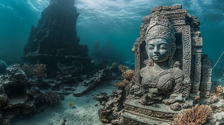 Buddha statue in the blue sea with coral reef and shipwreckの素材
