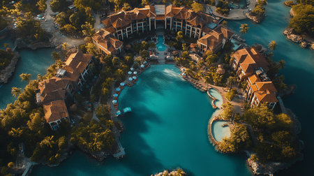 Aerial view of a luxury villa in the middle of a tropical islandの写真素材