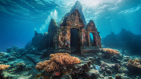Underwater view of the ruins of an ancient temple on a coral reefの写真素材