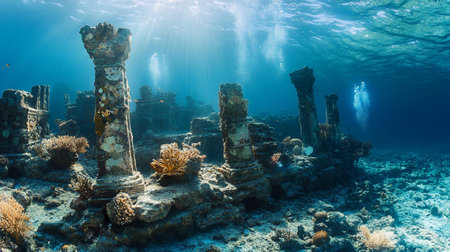 Underwater view of the ruins of an ancient shipwreck on a tropical coral reefの写真素材