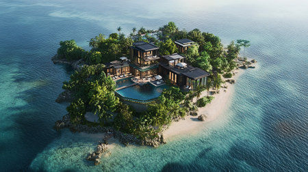 Aerial view of luxury villas on tropical island. Luxury villas on a tropical island.の写真素材