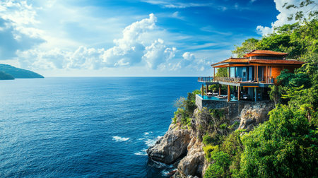 Beautiful view of the sea and the house on the cliff. Thailandの写真素材