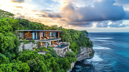 Panoramic aerial view of luxury villa on the cliff at sunsetの写真素材